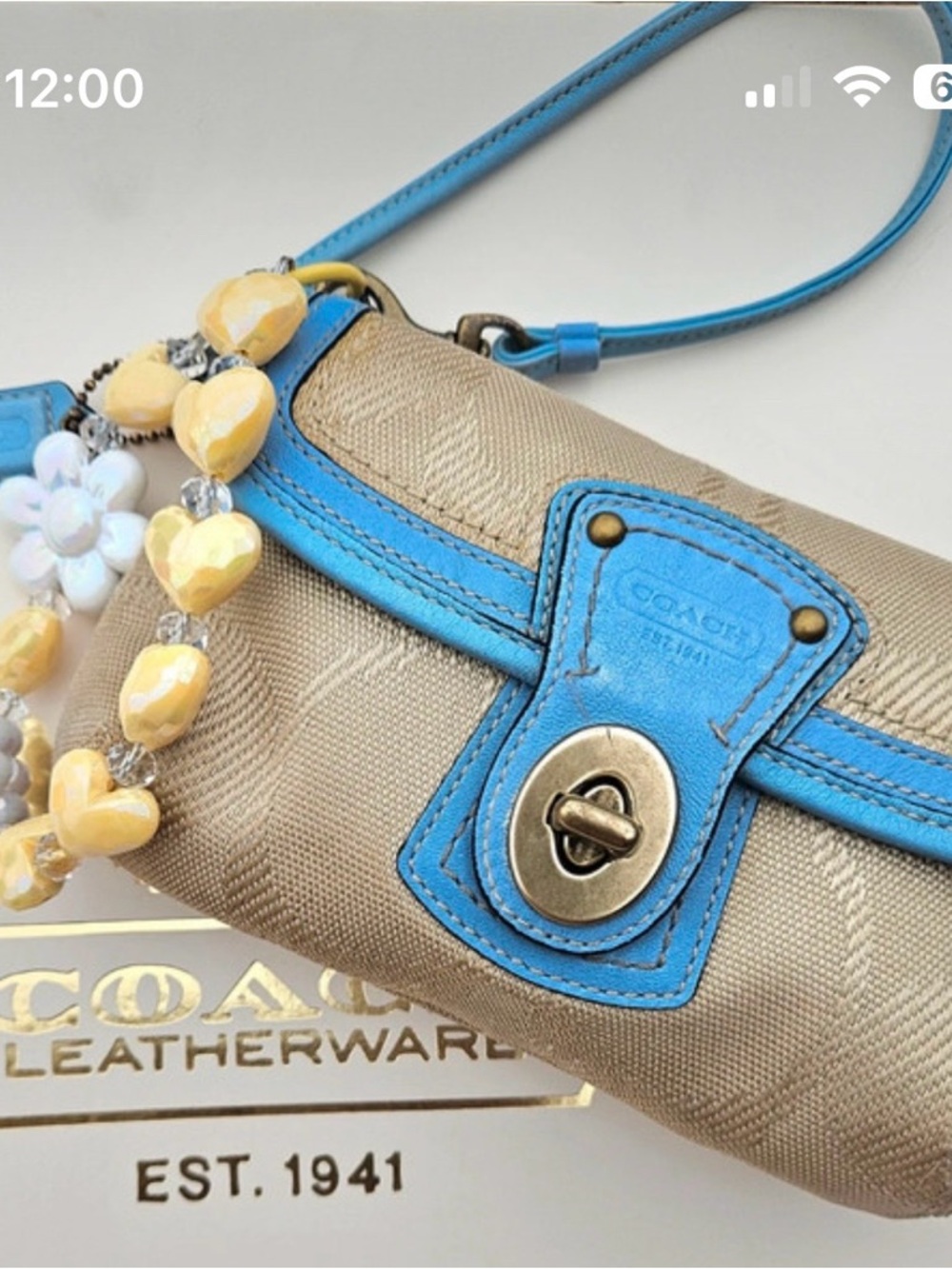 Coach Beige Canvas Wristlet with Bright Blue Leather Trim